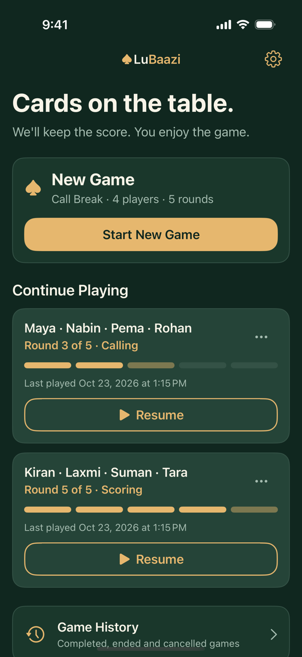 LuBaazi home screen: Start New Game and two games in progress ready to resume.