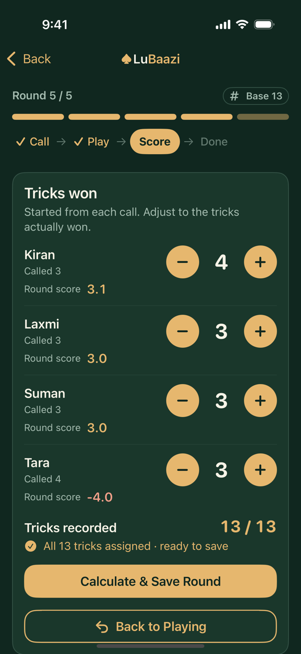 LuBaazi scoring round 5: tricks for four players add up to 13 of 13, with each player's round score.